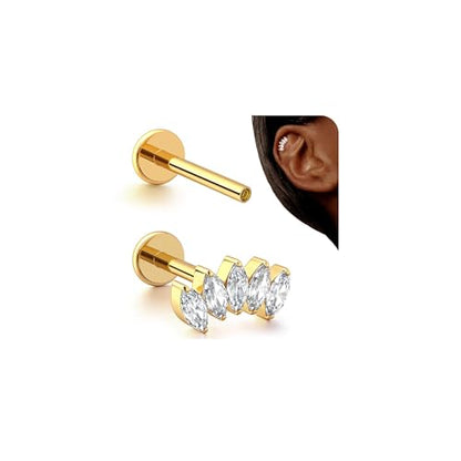 G23 Titanium 16G Tragus Conch Piercing Jewelry Flat Back Stud Earrings | Hypoallergenic CZ Nose Dangle Helix Medusa Lip Labret Body Piercing Jewelry, 14K Gold Plated, Silver, 6 and 8 mm Post Length - color: Marquise Flow-14K Gold