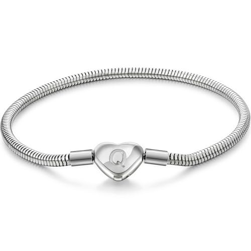 Initial Bracelet Heart Clasp Stainless Steel Snake Chain Alphabet Letter Charm Gift for Women Mom Girlfriend Wife - style: Q