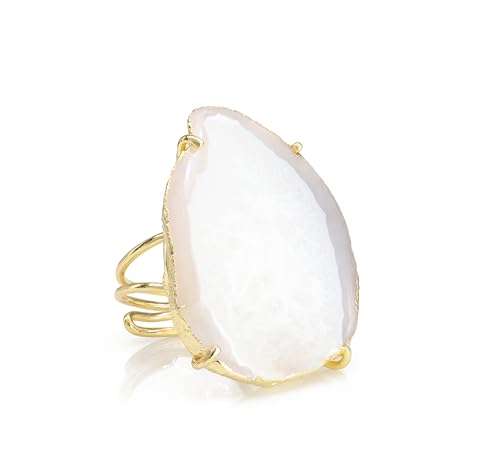 Natural Agate Geode Slice Crystal Gemstone Free-Form Stone Ring Gold Electroplated Adjustable Rings for Women stone Size 30-40mm - color: White