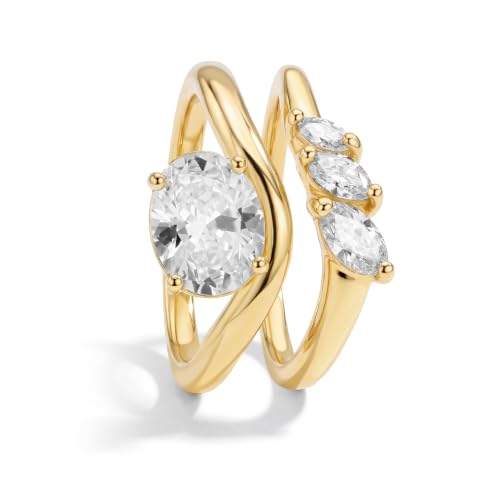 18K Gold & Silver Plated Stackable Ring Set for Women, CZ Curved Wave Stacking Bands, Statement Promise Rings for Wedding Engagement, Trendy Dainty Jewelry Gift - color: Gold 1