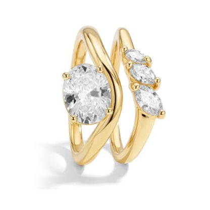 18K Gold & Silver Plated Stackable Ring Set for Women, CZ Curved Wave Stacking Bands, Statement Promise Rings for Wedding Engagement, Trendy Dainty Jewelry Gift - color: Gold 1