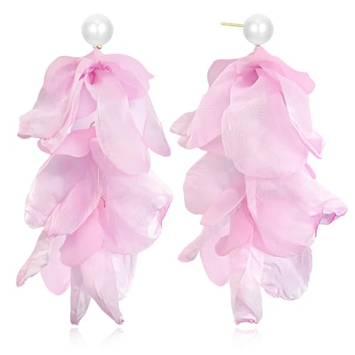 Handmade Bohemian Lightweight Fabric Flower Dangle Drop Earrings Chic Pearl Large Tassel Petal Stud Earrings For Women - color: Light Pink