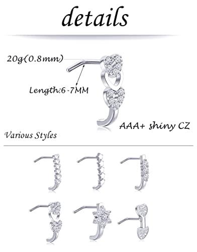 Akeoqi 6-12Pcs Nose Studs Nose Ring Inlaid Cubic Zirconia L Shaped Studs Lotus Star Heart Nose Nostril Piercing Jewelry for Women Men Sliver Gold Rose Gold Tone 20G - color: A: Silver