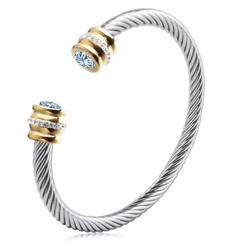 Birthstone Cable Cuff Bracelet for Women - Adjustable Open Cuff, Two-Tone Gold & Silver Twisted Bangle, Classic Stackable Jewelry Gift - color: Aquamarine