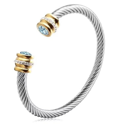 Birthstone Cable Cuff Bracelet for Women - Adjustable Open Cuff, Two-Tone Gold & Silver Twisted Bangle, Classic Stackable Jewelry Gift - color: Aquamarine