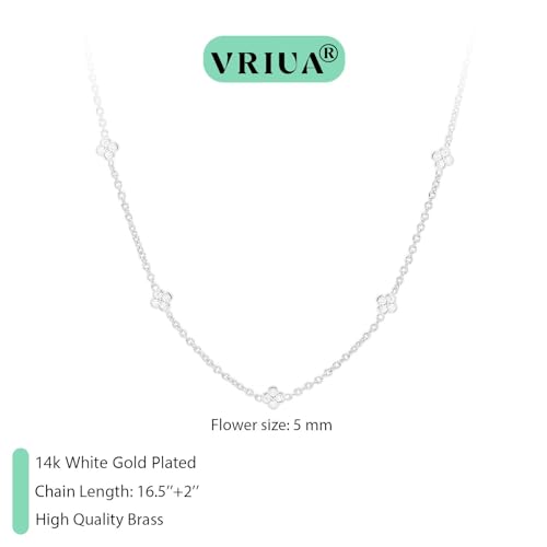VRIUA Necklaces for Women - 14K Gold/Silver Plated Dainty Chain Necklace with Five Charms: Diamond, Bow, Snowflake, Cross, Flower, Clover, Butterfly, Heart, Star of David, and Star Trendy Jewelry - color: Silver, style: Flower