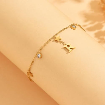 Initial Anklet for Women, 18K Gold Plated Waterproof Ankle Bracelet, Star CZ Letter A-Z Personalized Beach Foot Jewelry - color: R