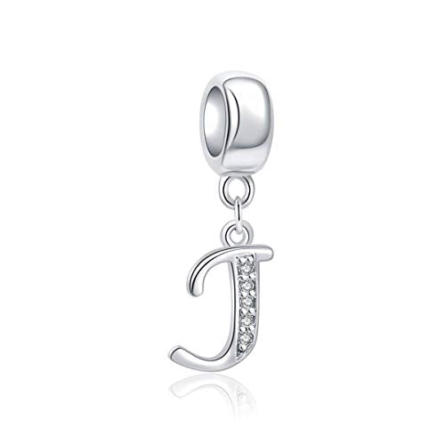 925 Sterling Silver Charms Alphabet Beads fit Pandora Charm Bracelets A-Z Letter Initial Spacer Dangle Clear CZ Stone Authentic for Snake Chain Bracelets - color: J