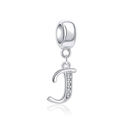 925 Sterling Silver Charms Alphabet Beads fit Pandora Charm Bracelets A-Z Letter Initial Spacer Dangle Clear CZ Stone Authentic for Snake Chain Bracelets - color: J