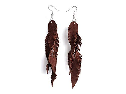 Leather Feather Earrings, Suede layered earrings, boho wedding jewelry, summer earrings, gift for her, dangle earrings - color: dark brown