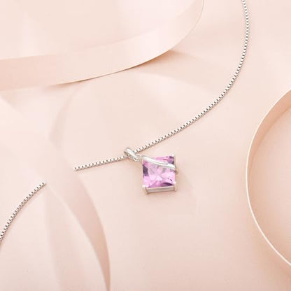 Square Princess Cut Necklace 925 Sterling Silver Solitaire Pendant Necklace Birthstone Jewelry Gifts for Women - color: 10 October - Pink Tourmaline