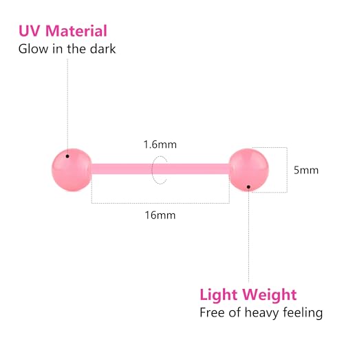 Zolure 10Pcs 14G Tongue Rings Acrylic Candy Color Tongue Piercing Jewelry Flexible Plastic Nipple Rings Tongue Barbells for Women 16mm - color: Glow in the dark 10pcs