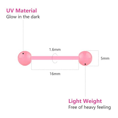 Zolure 10Pcs 14G Tongue Rings Acrylic Candy Color Tongue Piercing Jewelry Flexible Plastic Nipple Rings Tongue Barbells for Women 16mm - color: Glow in the dark 10pcs