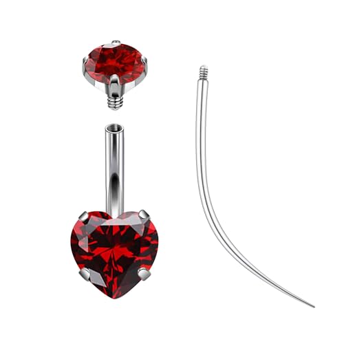 ASTM F136 Titanium Belly Button Rings 14G CZ Heart Belly Navel Rings 10mm Bar Body Piercing Jewelry Navel Ring With 1PCS Curved Piercing Taper - color: Red CZ