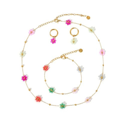 Daisy Pearl Jewelry Set for Women, 14K Gold Plated Stainless Steel Necklace Bracelet Earring 3 Piece Set, Dainty Pearl Choker Flower Necklace Birthday Gift for Her - color: Multi-color