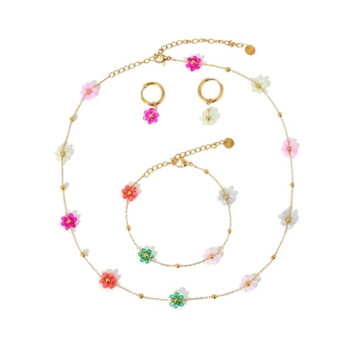 Daisy Pearl Jewelry Set for Women, 14K Gold Plated Stainless Steel Necklace Bracelet Earring 3 Piece Set, Dainty Pearl Choker Flower Necklace Birthday Gift for Her - color: Multi-color