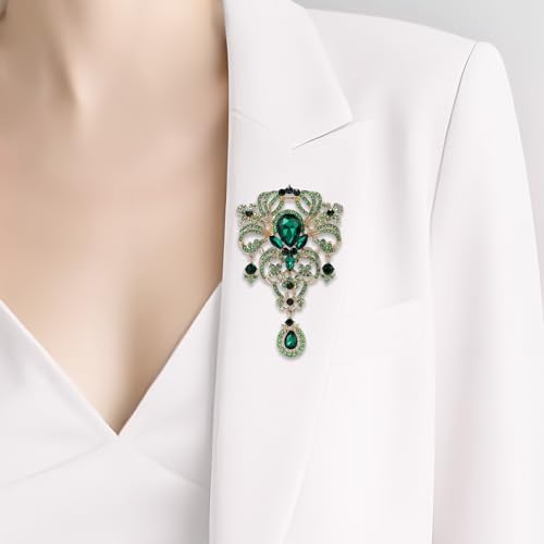 YOQUCOL Retro Austrian Crystal Big Brooch Pin for Women Large Flower Shape Brooches Lapel Pins for Sweater,Coat Dress Accessories - color: A-Green