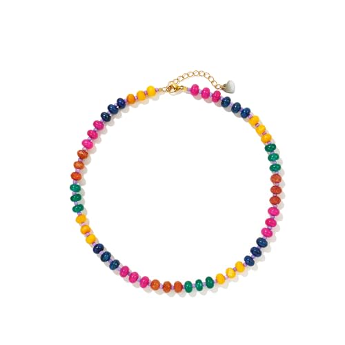 Joya Love Colorful Gemstone Beaded Necklaces For Women Trendy Rainbow Natural Stone Boho Handmade Stainless Steel Waterproof Strand Necklaces Jewelry For Women Gift - color: Red jump colour