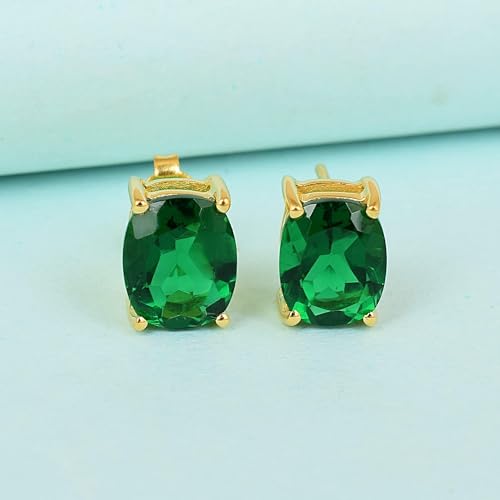Women's 18K Gold Plated 8x10mm Princess Cut Gemstone Stud Earrings – Birthstone Jewelry for Her – Classic Cushion Studs - color: Emerald