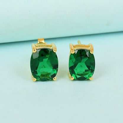 Women's 18K Gold Plated 8x10mm Princess Cut Gemstone Stud Earrings – Birthstone Jewelry for Her – Classic Cushion Studs - color: Emerald