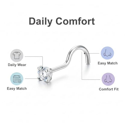 KAYLLE&KT Nose Rings for Women 8Pcs 18G Silver Hypoallergenic Stainless Steel Nose Studs Set Corkscrew Nose Piercing Imitation Diamond Jewelry