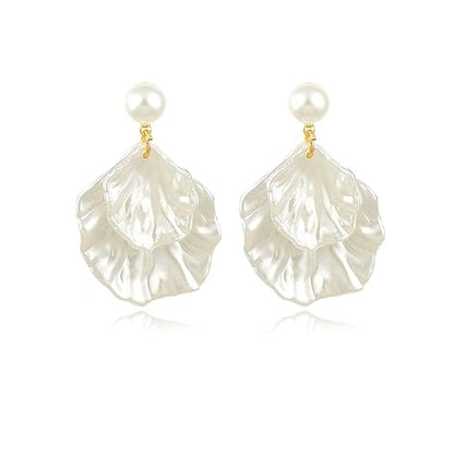 Long Pearl Earrings for Women 925 Sterling Silver Dangle Earrings | Hypoallergenic Dainty Dangle Drop Earrings, Elegant Pearl Jewelry for Bridal, Mother's Day Anniversary Birthday Jewelry Gift - color: Seashell Earrings