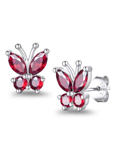 Suplight Butterfly Stud Earrings 925 Sterling Silver 14K Gold Brithstone Earrings for Women Brithstone Jewelry Gifts - color: 07.July( Ruby), size: Silver