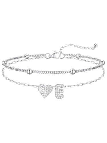 FaithHeart Initial Ankle Bracelets for Women Waterproof, Silver/Black/14k Gold Plated CZ Heart Initial Anklets Non Tarnish Stainless Steel Anklets for Women - color: Silver, size: E