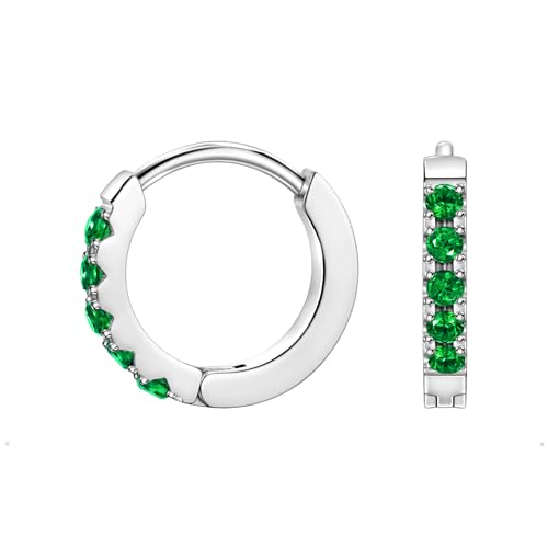 Birthstone Huggie Hoop Earrings for Women, Cubic Zirconia Small Hoops | 316L Surgical Steel, 18K Gold or Silver, 6-10mm, Hypoallergenic Waterproof, Cartilage Piercing, Birthday Gift - color: 05 MAY. Emerald - Silver, size: 8mm