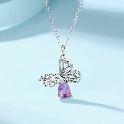925 Sterling Silver Necklace for Women Trendy, Charming Layered Necklace with Cubic Zirconia Pendant for Her Womens Dainty Diamond Choker Necklaces Holiday Jewelry Gifts for Mom Wife Daughter Lover - color: Butterfly-silver07