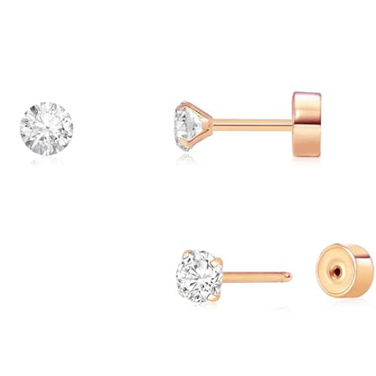 Threadless Flat Back Earrings, Hypoallergenic 14K Real Gold Plated CZ Stud Earrings | Cartilage Earring | Tragus Helix Piercing Jewelry | Push in Flatback Earrings for Women Men - color: Rose Gold, size: 2 Millimeters