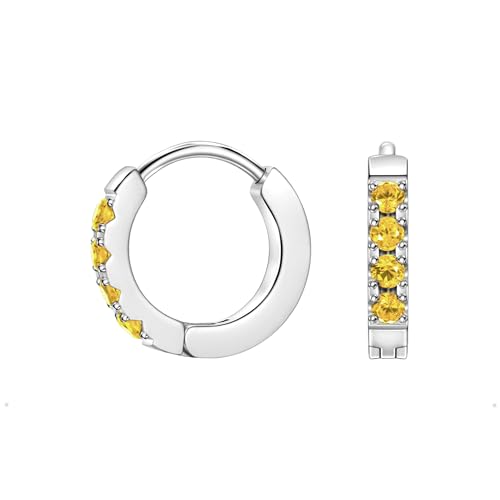 Birthstone Huggie Hoop Earrings for Women, Cubic Zirconia Small Hoops | 316L Surgical Steel, 18K Gold or Silver, 6-10mm, Hypoallergenic Waterproof, Cartilage Piercing, Birthday Gift - color: 11 NOV. Citrine - Silver, size: 7mm