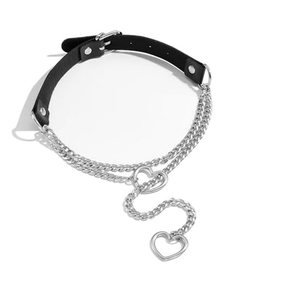 Leather Choker Slip Chain Necklace Stainless Steel Cuban Link Long Necklaces Gothic Punk Heart Chain Necklace Handmade Collars for Women - color: Black+Silver