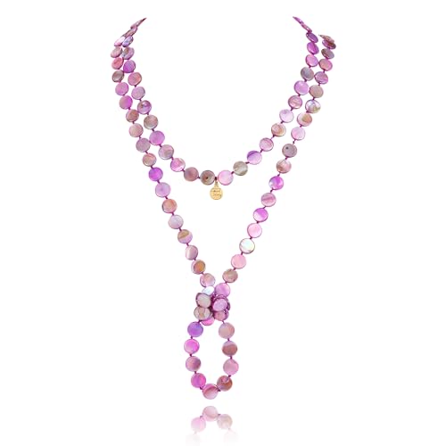 Firstmeet Flat Round Coin Shell Beads Long Knotted Necklace Natural Mother of Pearl Handmade Jewelry For Women - color: S-Purple AB