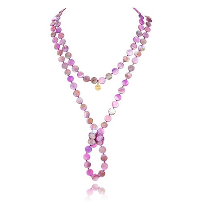 Firstmeet Flat Round Coin Shell Beads Long Knotted Necklace Natural Mother of Pearl Handmade Jewelry For Women - color: S-Purple AB