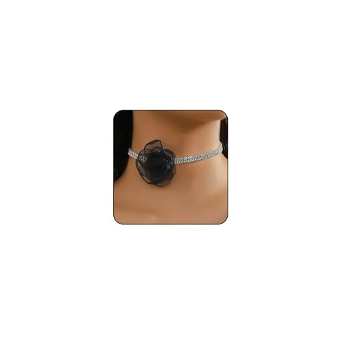 Rose Black Velvet Floral Choker Necklace - Camellia Daisy Rosette - Spring Summer Flower Jewelry - color: Black3