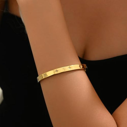 Gold Bangle for Women 18K Gold Plated Bamboo Heart Star Labyrinth Bangle Bracelets Dainty Stainless Steel Jewelry Gifts - color: North Star Bangle-Gold
