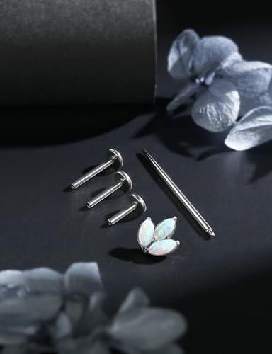 16G Astm F136 Titanium Internal Thread Flat Back Earrings Nose Studs Tragus Forward Helix Conch Cartilage Lobe Earrings Stud Medusa Labret Monroe Lip Ring Piercing Jewelry For Women Men - size: 16G--Style J-Opal