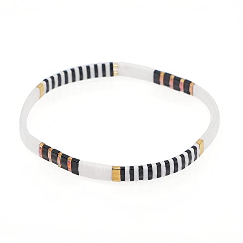 Sonateomber Tila Flat Beaded Stretch Bracelets for Women, Trendy Unique Colorful Square Beads Handmade Stack Bracelet Friendship Accessories Fashion Jewelry Gift - color: Black Gold
