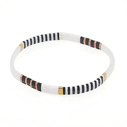 Sonateomber Tila Flat Beaded Stretch Bracelets for Women, Trendy Unique Colorful Square Beads Handmade Stack Bracelet Friendship Accessories Fashion Jewelry Gift - color: Black Gold