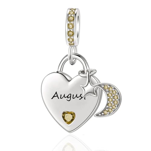 12 Months Birthstone Heart Charm Moon and Star Pendant Bead Compatible with Pandora Bracelet Women - style: August