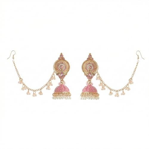 Pink Bollywood Traditional Jhumka Jhumki Statement Dangle Drop Earrings for Women Long Chain Tassel Hair Accessories CZ Faux Pearl Beaded Indian Bell Chandelier Stud Earring Boho Bride Wedding Jewelry - color: Pink