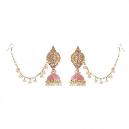 Pink Bollywood Traditional Jhumka Jhumki Statement Dangle Drop Earrings for Women Long Chain Tassel Hair Accessories CZ Faux Pearl Beaded Indian Bell Chandelier Stud Earring Boho Bride Wedding Jewelry - color: Pink