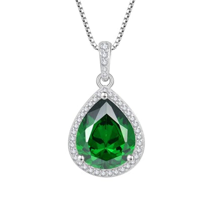 FJ Teardrop Pendant Necklace 925 Sterling Silver Birthstone Jewelry for Women - color: 05 May-Emerald