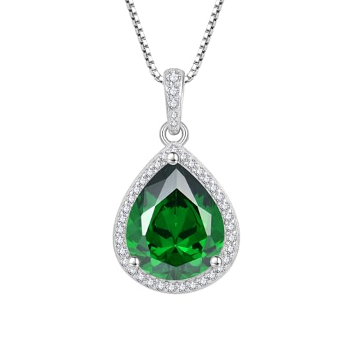 FJ Teardrop Pendant Necklace 925 Sterling Silver Birthstone Jewelry for Women - color: 05 May-Emerald