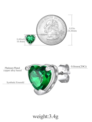 FindChic 2 Carat Birthstone Stud Earrings for Women, Round/Heart/Princess Cut Stud Earrings, Hypoallergenic Studs with 925 Sterling Silver Posts, 12 Months Birthday Jewelry Gift - color: 05. May-Emerald(Heart Cut)