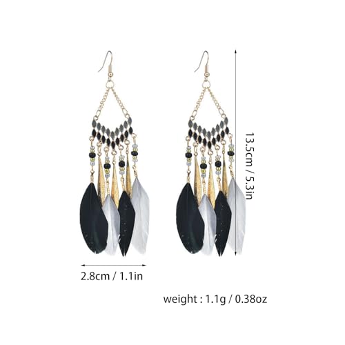 Faux Feather Fringe Tassel Long Dangle Earrings for Women | Bohemian Women Tassel Drop Jewelry - color: black grey