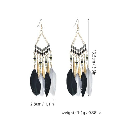 Faux Feather Fringe Tassel Long Dangle Earrings for Women | Bohemian Women Tassel Drop Jewelry - color: black grey
