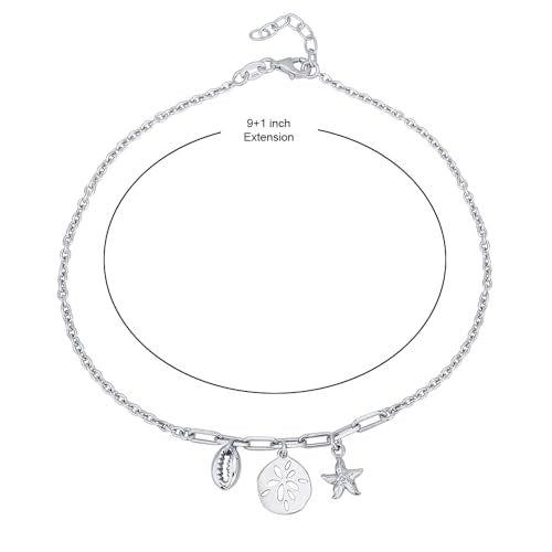 Vanbelle Sterling Silver Jewelry - Rhodium Plated with 925 Stamp - Sea Theme Dangling charm Anklet - Stylish Beautifully Designed for Women - 9" long + 1" extender