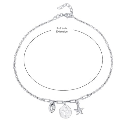 Vanbelle Sterling Silver Jewelry - Rhodium Plated with 925 Stamp - Sea Theme Dangling charm Anklet - Stylish Beautifully Designed for Women - 9" long + 1" extender